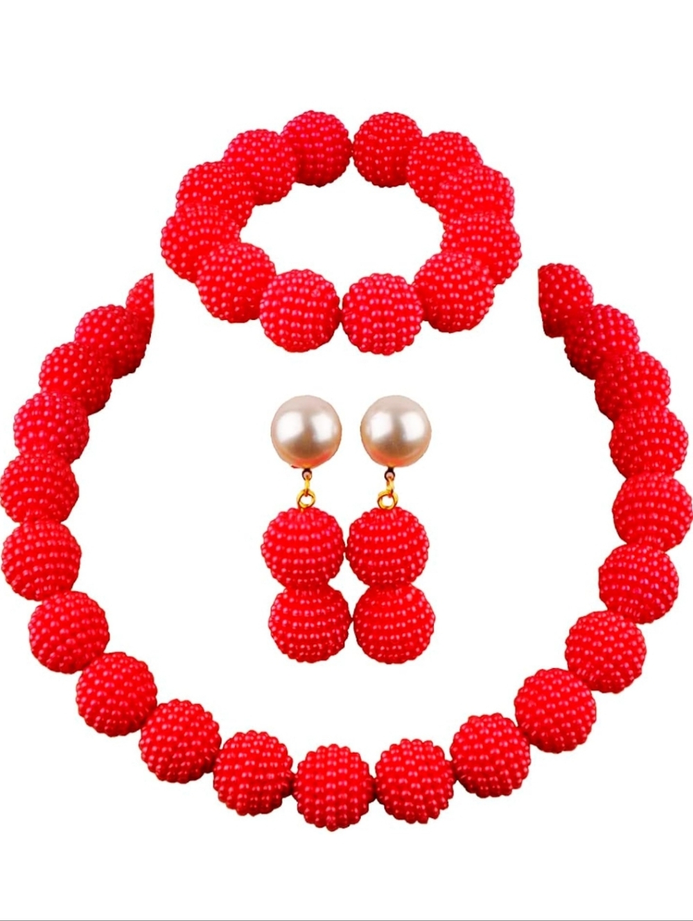 Fashion Jewelry Red Beaded Necklace, Bracelet & Pearl-Top Drop Earrings Set - Picture 2 of 2
